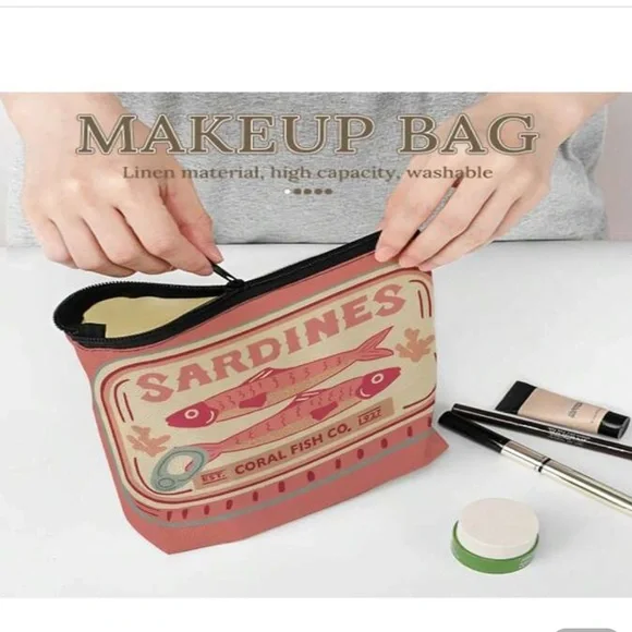 New Pink and Cream Sardines Make Up Carryall Canvas Zip Top Pouch OS - Picture 4 of 15